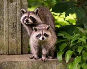 Two raccoons standing on a concrete slab outdoors, facing the camera. Nuisance wildlife should be handled by wildlife removal professionals at Arrow Environmental Services.