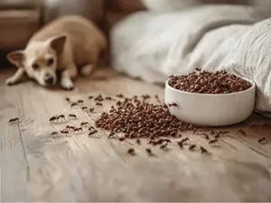 Dog sadly watching ants eat their dogfood